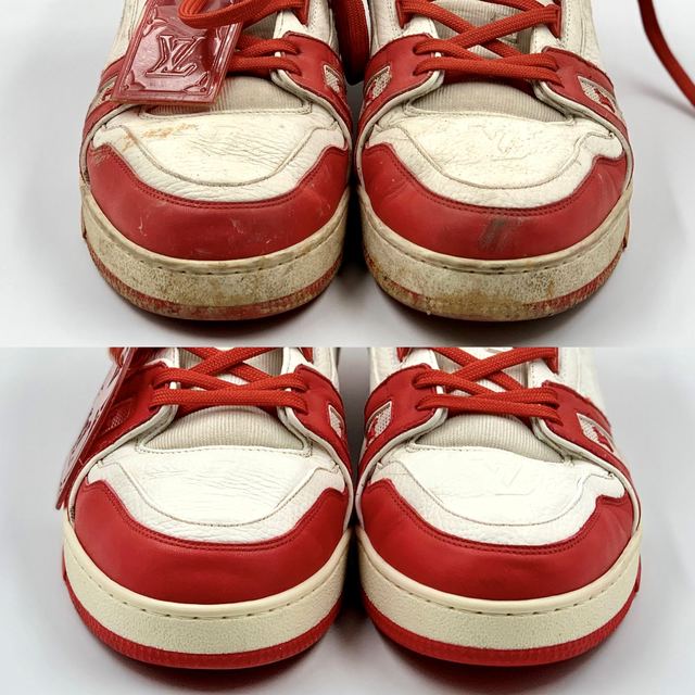 Red and white sneakers: deep clean, soles whitened